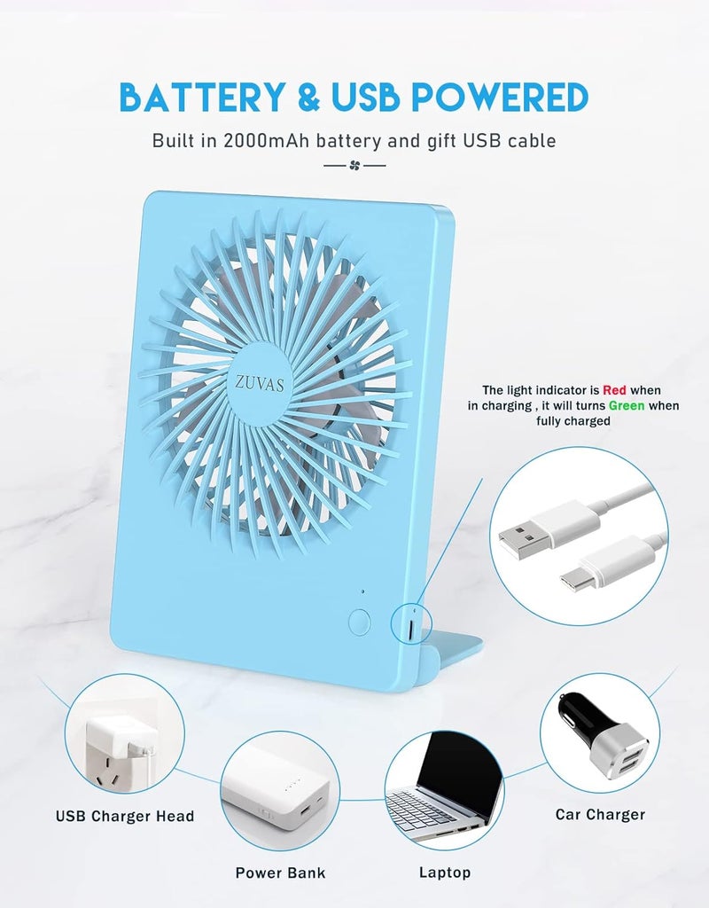 Zuvas Desk Fan Battery Operated Fan Rechargeable 180°Tilt Folding Personal Fan Ultra Quiet Small Portable 3 Speed Adjustable Strong Wind Fan For Office Bedroom Home Desktop Camping (Blue) - Image 4